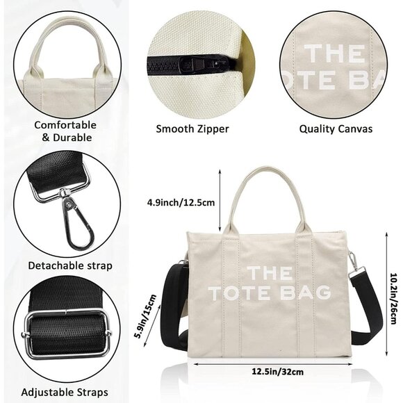 Women Beige Personalized Canvas with Zipper Top-Handle Crossbody Tote Handbag - Picture 5 of 6